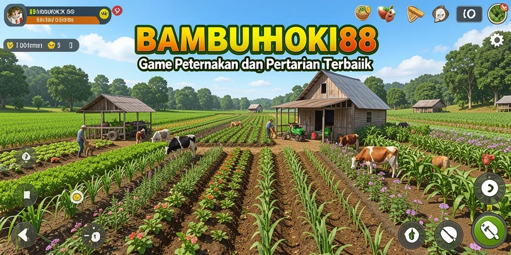 Screenshot gameplay BAMBUHOKI88 menampilkan ladang yang subur dan hewan ternak.