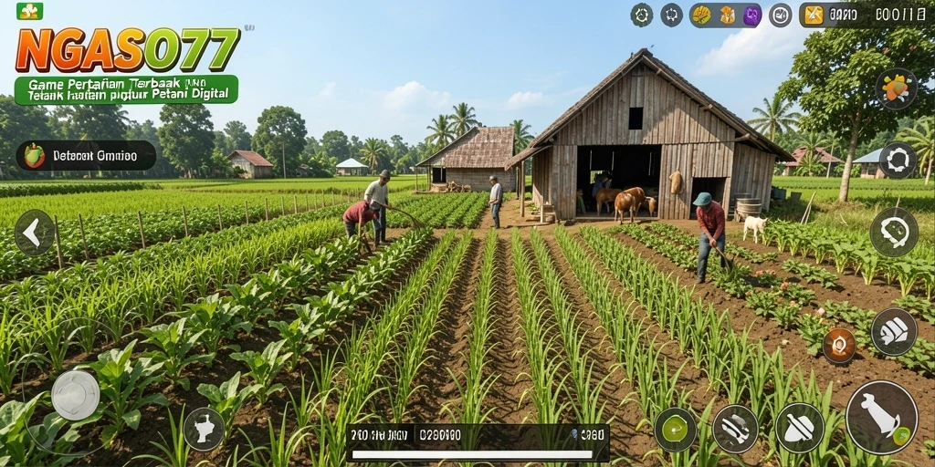 Screenshot gameplay <strong>NGASO77</strong> menampilkan petani yang sedang bekerja di ladang.
