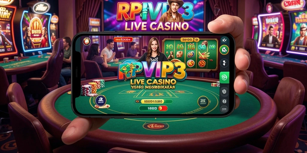 Tampilan screenshot gameplay RPVIP3 menampilkan dealer profesional dan meja permainan Live Casino.